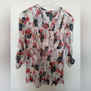 HILARY RADLEY Women's White With Floral Bohemian Tie Waist Top Small